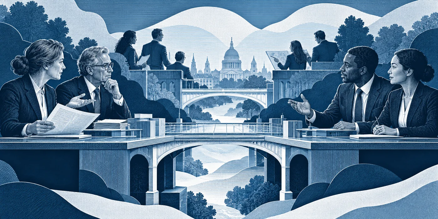 Editorial illustration: institutional risk and investor capital meeting in a shared market